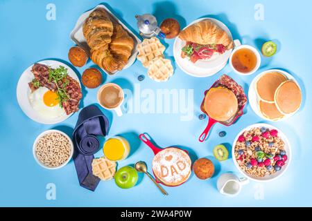 Fathers day Brunch restaurant invitation concept. Various Daddy Man Day Menu background, with traditional breakfast and lunch food set, with tie on su Stock Photo