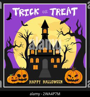 Halloween poster cover design with haunted house silhouette and jack-o-lantern pumpkins, vector illustration Stock Vector