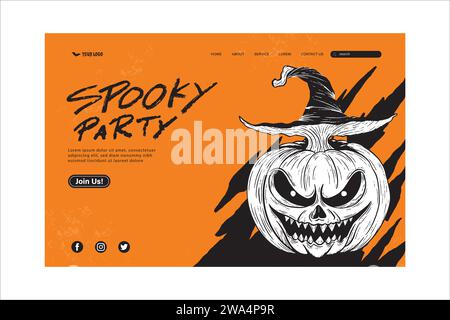 Halloween web template cover design with Jack o lantern pumpkin in orange color background, vector illustration Stock Vector
