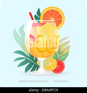 Tropical summer cocktail drink in the glass garnished with colorful citrus fruits and juice Stock Vector