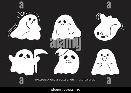 Cute spirit ghost Halloween decoration vector illustration set, flat design graphic Stock Vector