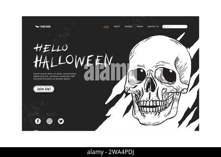 Halloween web template cover design with skull in black and white background, vector illustration Stock Vector