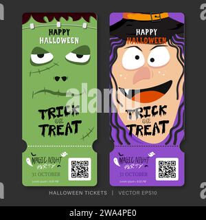 Halloween night party ticket pass template with Frankenstein and witch face design set of two, vector illustration Stock Vector