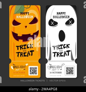 Halloween night party ticket pass template with Jack o lantern pumpkins and ghost design set of two, vector illustration Stock Vector