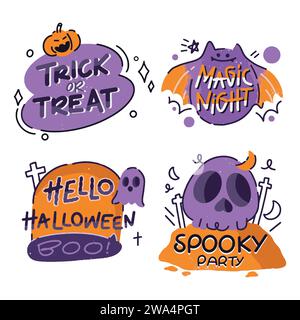 Halloween decoration cartoon sticker set with greeting text message vector design Stock Vector