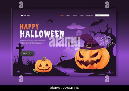 Spooky Halloween night background with Jack o lantern pumpkins in graveyard, website template vector illustration design Stock Vector