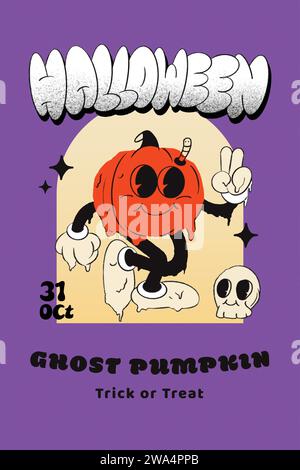 Creative funny Halloween party poster or invitation card design in purple background with cartoon pumpkin character, vector illustration Stock Vector