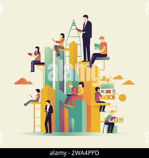 Financial technology or fintech and data analytics concept vector illustration design with statistic bar charts and business people searching for info Stock Vector