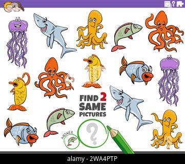 Cartoon illustration of finding two same pictures educational activity with marine animal characters Stock Vector