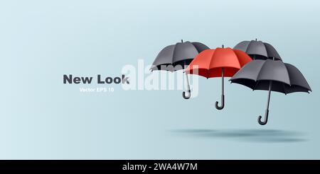 Realistic rain umbrella 3d render illustration of red and black umbrellas, fashion new look Stock Vector