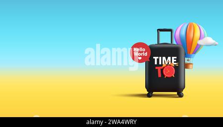 Travel concept with travel suitcase, hot air balloon and alarm clock, time to travel banner, render cartoon style composition for poster Stock Vector