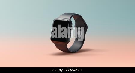Smart watch 3d render mockup vector illustration in black glossy luxury colour, isolated fitness watch Stock Vector
