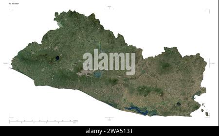 Shape of a low resolution satellite map of the El Salvador, with distance scale and map border coordinates, isolated on white Stock Photo