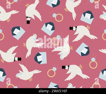 Wedding seamless pattern with doves, wedding rings, invitation envelopes. Stock Vector