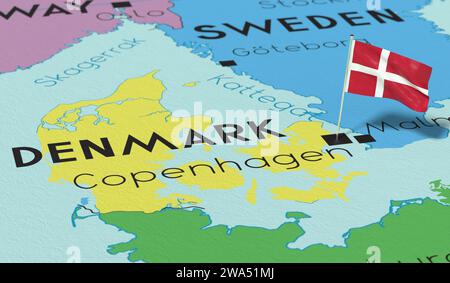 Denmark, Copenhagen - national flag pinned on political map - 3D illustration Stock Photo