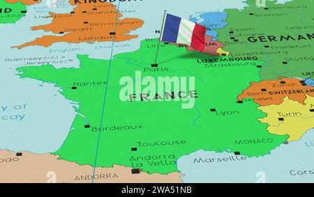 France, Paris - national flag pinned on political map - 3D illustration Stock Photo