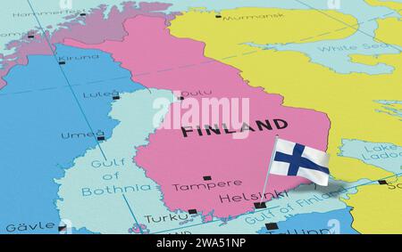 Finland, Helsinki - national flag pinned on political map - 3D illustration Stock Photo
