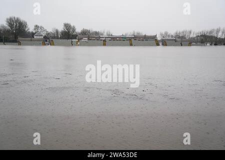 New Road, home of Worcestershire County Cricket Club, is flooded as heavy rain continues to fall in Worcester. The Met Office has issued an amber weather warning for Storm Henk, which is forecast to bring gusts of up to 80mph to parts of the UK. Picture date: Tuesday January 2, 2024. Stock Photo