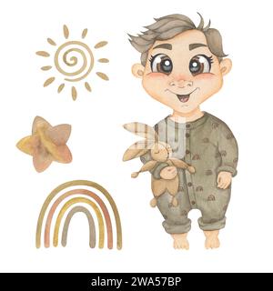 Collection a boy in a brown bodysuit holds a soft toy in his hand, watercolor sun, watercolor rainbow, watercolor star Stock Photo