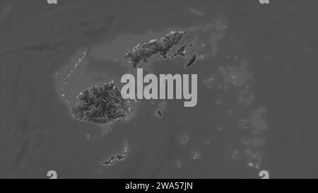 Fiji highlighted on a Grayscale elevation map with lakes and rivers Stock Photo