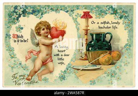 Original Edwardian era Valentines greetings card, cherub holding love heart. Dated /posted 13 February 1908, U.K. Stock Photo