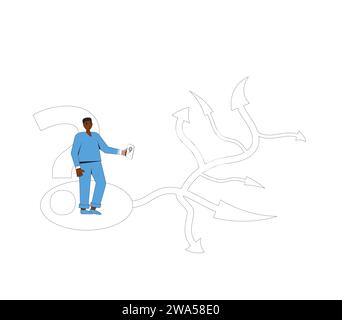 Young man standing at crossroads. Make a decision. Confused person thinking about the right path. Vector illustration in line art style. Stock Vector