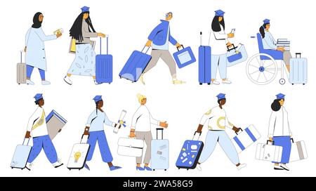 Graduate immigration rout. Colorful vector illustration set of isolated students and young skilled workers with bags and suitcase. Brain drain and obt Stock Vector