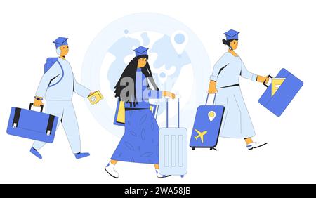International exchange student. Graduate immigration route. Brain drain. Study abroad. Group of young adults with baggage. Colorful vector illustratio Stock Vector