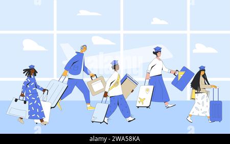 Graduate immigration route. Brain drain. Opportunity for skilled worker to study and work abroad. Group of young adults at an airport. Colorful vector Stock Vector