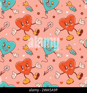 Seamless pattern for Valentines Day. Characters in old retro cartoon style. Dancing funky-groovy cute hearts with flowers, balloon. For wallpaper, fab Stock Vector