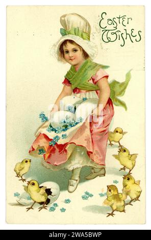 Original Edwardian embossed Easter card -  girl with apron full of Easter eggs, wearing a mob cap, chicks hatching from eggs, Published by Wildt & Kray, dated /posted 18 April 1908 U.K. Stock Photo