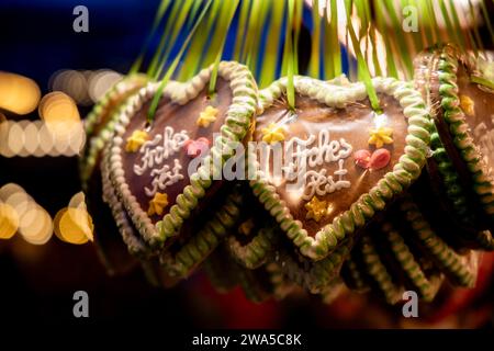 Lebkuchen mit dem Schrift Frohes Fest im Weihnachtsmarkt am Alexanderplatz in Berlin am 23. Dezember 2023. Weihnachstmärkte in Berlin *** Gingerbread with the words Merry Christmas at the Christmas market at Alexanderplatz in Berlin on December 23, 2023 Christmas markets in Berlin Stock Photo