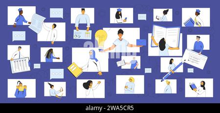 Group of undergraduate and graduate students studying together on the Internet. Learning community concept. Online education. Edtech platform. Vector Stock Vector