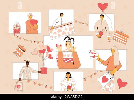 Valentine's Day virtual gift exchange in groovy style. Group of characters giving and receiving presents. Love holiday celebration. People with giftbo Stock Vector