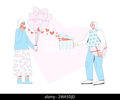 Senior couple dating. Valentine's Day gift exchange. Married woman and man giving and receiving presents. Love holiday celebration. February 14. Vecto Stock Vector