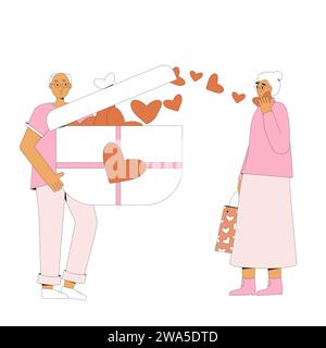 Senior couple dating. Valentine's Day gift exchange. Married woman and man giving and receiving presents. Love holiday celebration. February 14. Vecto Stock Vector