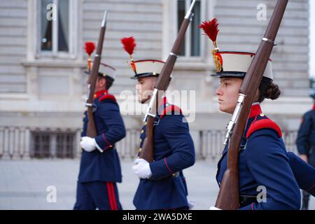 Madrid, Spain; December, 06, 2023: A woman, member of the Spanish royal guard, parades during the traditional solemn changing of the guard. Stock Photo