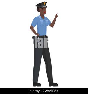 Black police woman with pointing finger. Pointing female police officer cartoon vector illustration Stock Vector