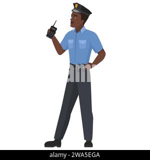 Black policeman with walkie talkie. Patrol service police officer cartoon vector illustration Stock Vector