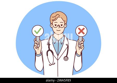 Man doctor with stethosop around neck demonstrates signs with check mark and cross. Young guy therapist in white coat shows signs of presence or absence of disease in patient. Flat vector design Stock Vector