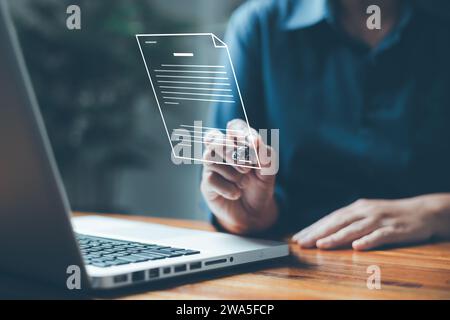 Businesswoman using digital device signs electronic documents online. Paperless workplace idea, e-signing, electronic signature, Technology and docume Stock Photo