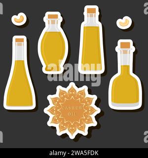 Illustration on theme big set different types liquid oil, bottle various size, collection meal oil for organic health beverage in bottle, oil in exclu Stock Vector