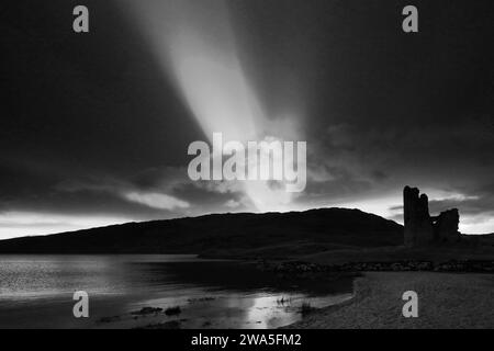 Sunset view over Ardvreck Castle on Loch Assynt, Sutherland, North West Scotland, UK Stock Photo