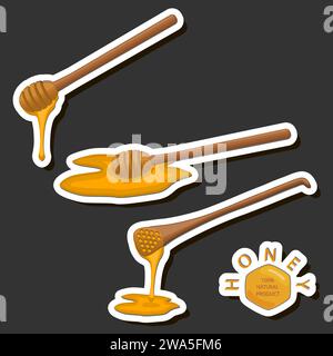 Illustration on theme sugary flowing down honey in honeycomb with bee, jar consisting from sticky honey at honeycomb off bee, honey in bee honeycomb t Stock Vector