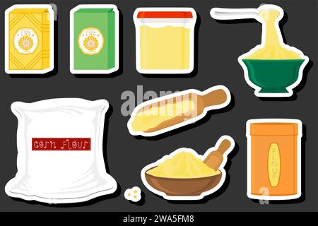 Illustration on theme big set different types dishware filled corn flour, corn flour pattern consisting of collection dishware for organic cooking, ca Stock Vector