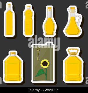 Illustration on theme big kit oil in different glass bottles for cooking food, glass bottles consisting of fresh useful oil to cooking nutrition, oil Stock Vector