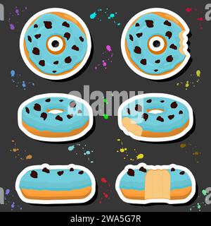 Illustration on theme big set different types sticky donuts, sweet doughnuts various size, donut pattern consisting of collection organic doughnuts fr Stock Vector