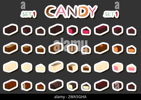 Illustration on theme beautiful big set sweet chocolate candy bonbon, candy bonbon consisting of black sweet chocolate covered powder  glaze, kit choc Stock Vector