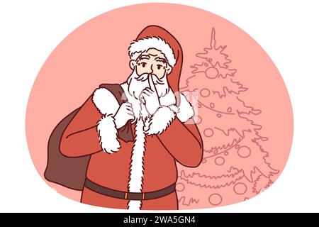 Santa Claus with bag gifts behind back came to congratulate children on Christmas holidays. New Year wizard stands near Xmas tree and puts finger to lips and asks for silence. Flat vector illustration Stock Vector