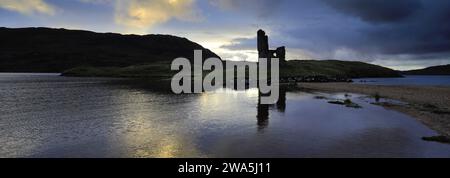 Sunset view over Ardvreck Castle on Loch Assynt, Sutherland, North West Scotland, UK Stock Photo